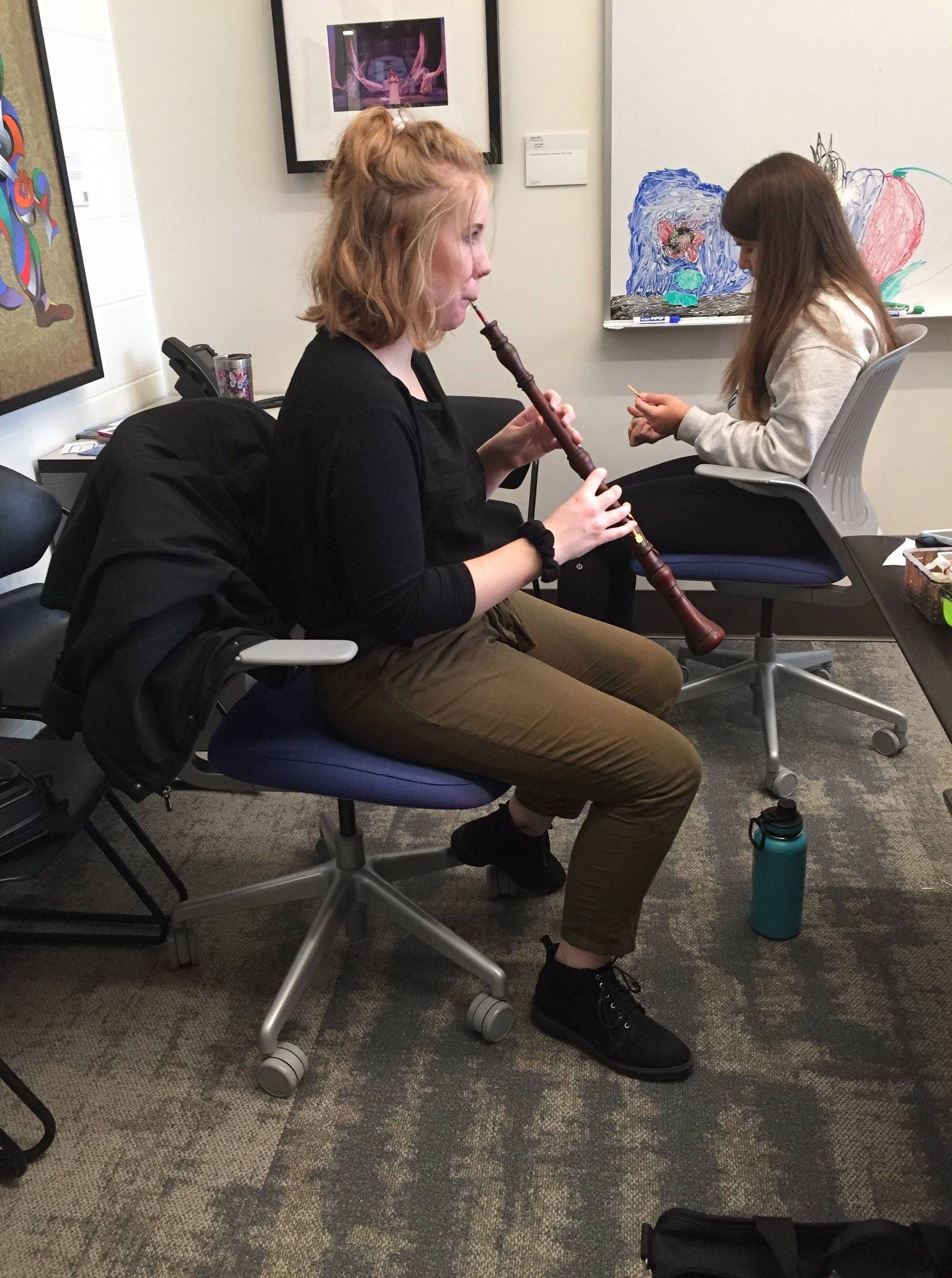 Emily Walker playing her Baroque oboe at the GVSU Reed Making Workshop 2019.
